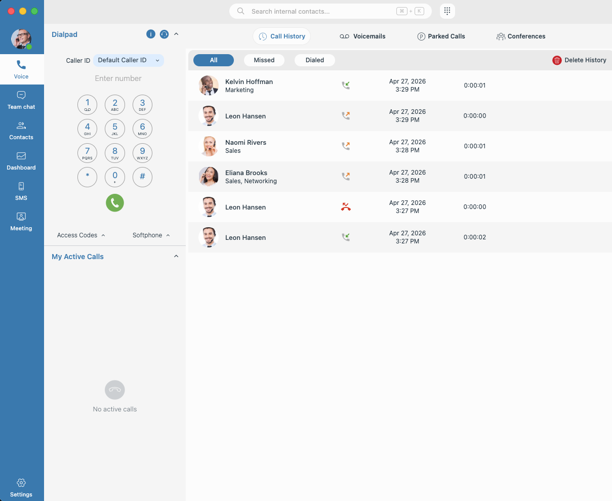 Voicelinx app — call history, voicemails and dialpad