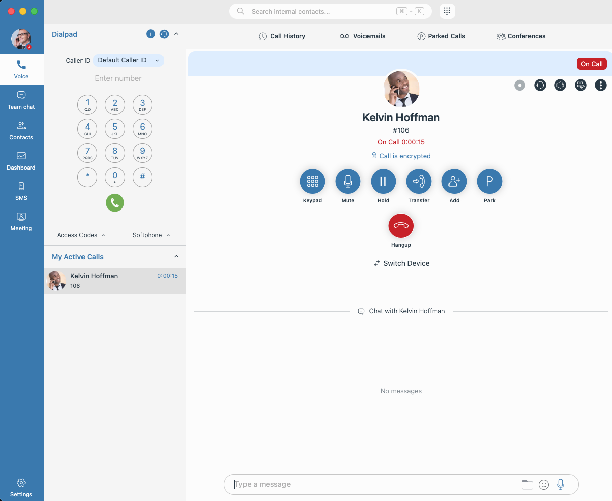 Voicelinx app — on-call screen with transfer, hold and park controls