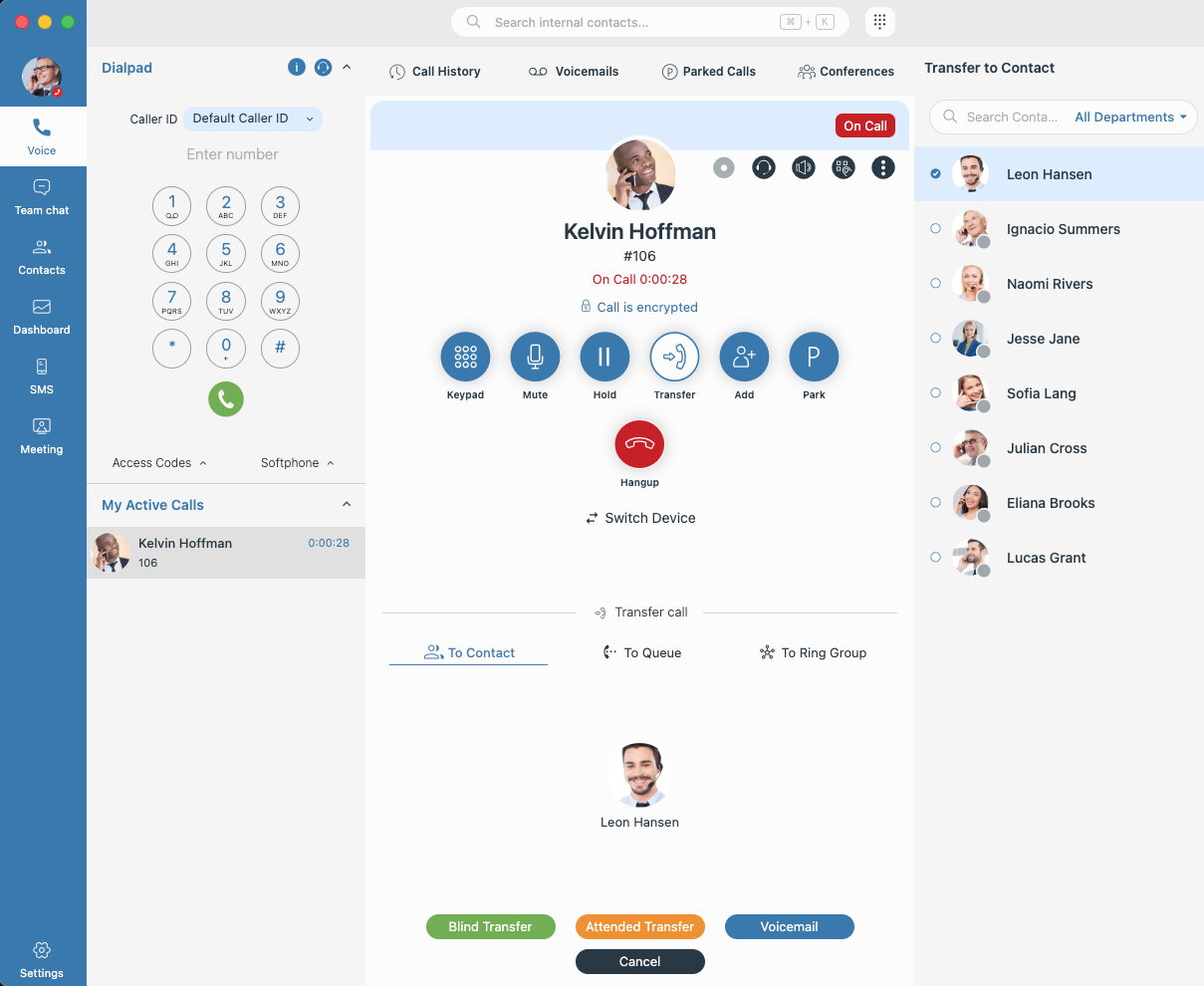 Voicelinx app — live call with contact panel and transfer options