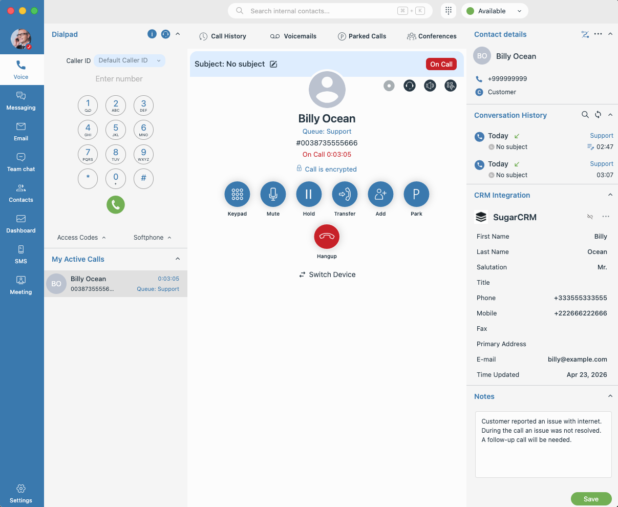 Agent workspace — live call with contact details, conversation history, CRM integration and notes